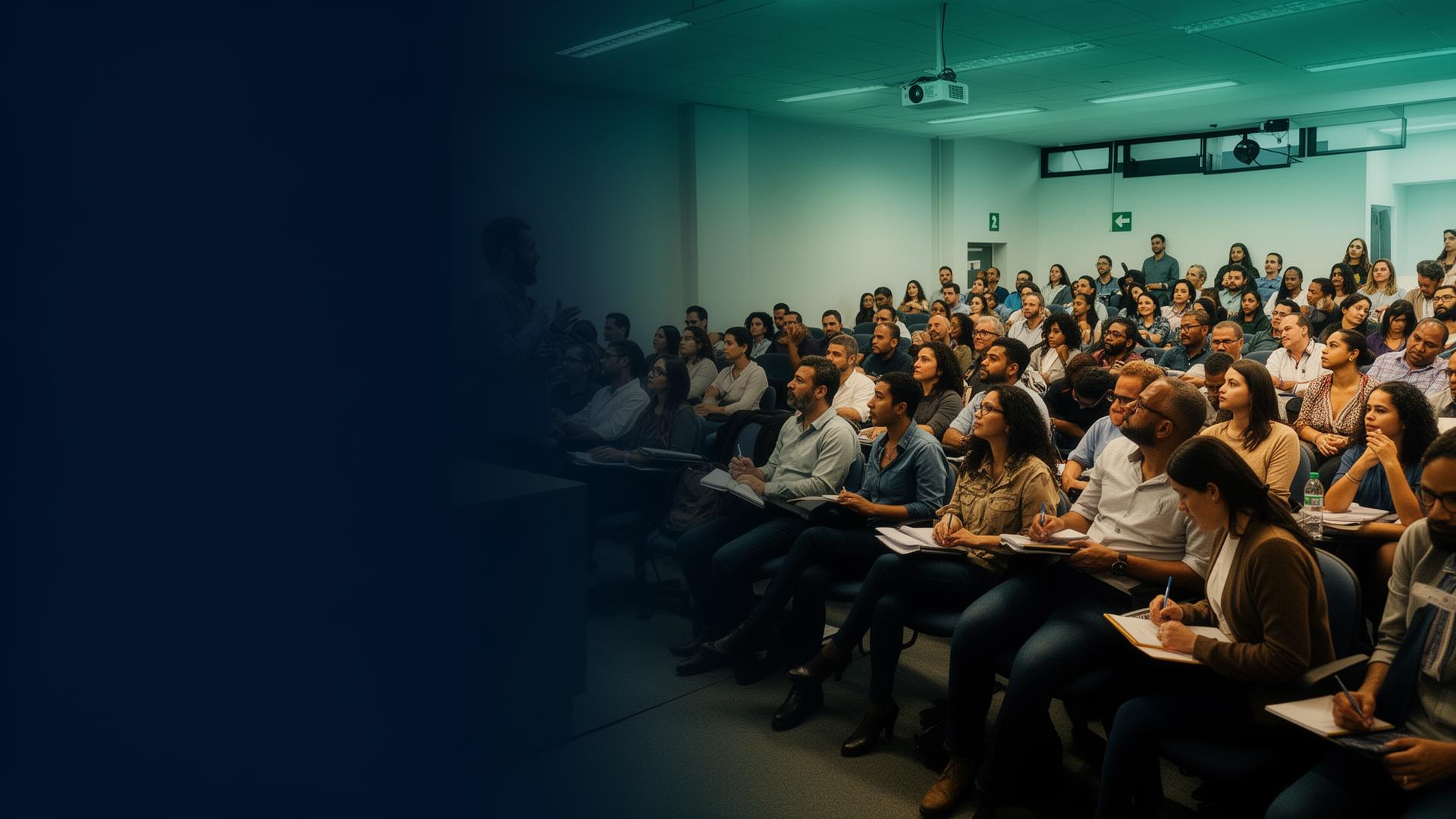 Pessoas participando de formação educacional em auditório